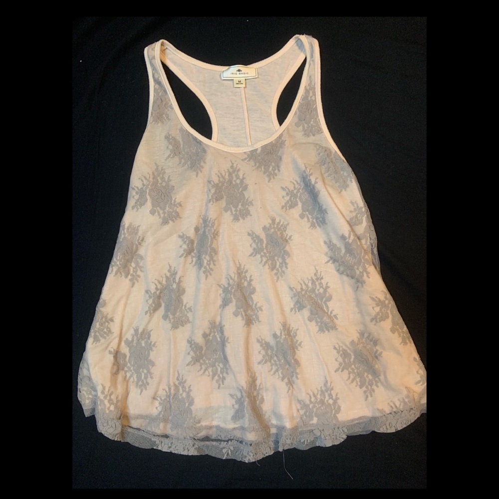 Medium. Tan with grey lace overlay.
